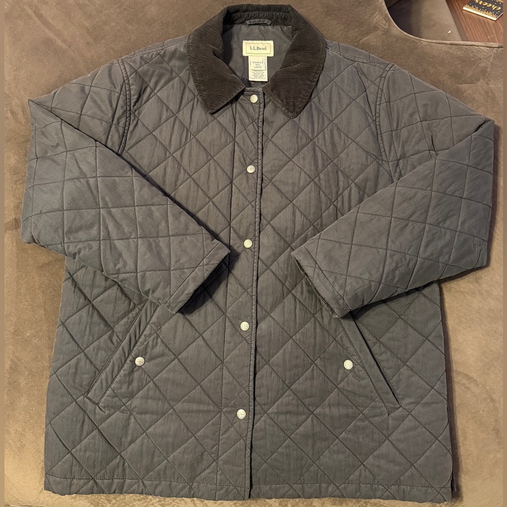 L.L. Bean Black Women’s Quilted Full Button Jacket Corduroy Collar Size Large